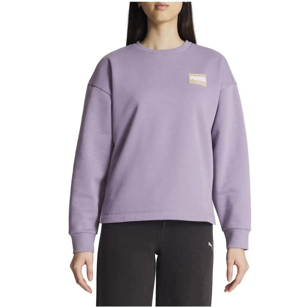 Puma Womens Crewneck Sweatshirt Purple Fleece Pullover Logo Patch Small‎